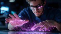 Young Caucasian male professional in glasses manipulating glowing pink and purple holographic projection with hands in dark office environment, futuristic technology concept.