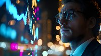 Businessman in glasses analyzing financial market data on digital screen with glowing blue charts and bokeh lights in night city background.