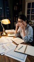Tired businesswoman rubbing eyes while working late at office desk with financial documents and reports. Stress, fatigue, overtime concept.