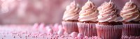 Pink frosted chocolate cupcakes with swirled buttercream topping arranged in row on blurred background with sprinkles, selective focus for food photography.