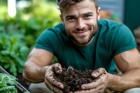 Caucasian male gardener in green t-shirt holding rich soil in hands while working in garden, showing genuine smile and connection with nature. For gardening blogs.
