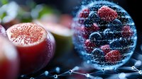 Microscopic view of cell division process showing detailed molecular structure with glowing blue particles and red cellular components in scientific visualization.