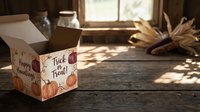 Halloween trick or treat candy box with autumn pumpkins and corn decorations on rustic wooden table by window with warm sunlight streaming through.