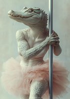 Anthropomorphic alligator in pink tutu performs pole dance, combining fierce reptilian features with graceful ballet attire in surreal artistic composition.