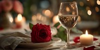 Romantic dinner setting with white wine glass, red rose and candles creating intimate atmosphere for Valentine's Day celebration or anniversary date night.