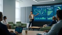 Professional businesswoman presenting logistics data analytics on interactive display screen in modern corporate meeting room with colleagues.