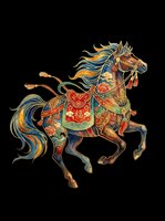Ornate decorative horse with flowing mane and tail, adorned in traditional Asian-inspired saddle and tassels, isolated on transparent background ready for t-shirt design, clipart, stickers, and print-on-demand products.