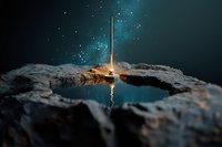 Glowing light beam reflects in rocky pool under starry night sky, creating mystical atmosphere with ethereal turquoise glow and water reflection.