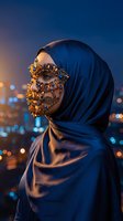 Woman wearing ornate golden face jewelry and blue hijab against evening city lights backdrop for fashion and cultural diversity concepts.