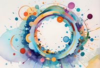 Abstract circular composition with dynamic watercolor splashes and dots in vibrant blue, orange, and purple tones on light background, creating modern artistic design.