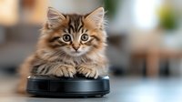 Adorable fluffy tabby kitten with long fur lying on robotic vacuum cleaner, looking at camera with bright eyes against blurred home interior background.