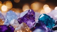 Collection of colorful healing crystals and gemstones with warm bokeh lights creating magical atmosphere for meditation and spiritual wellness practices.