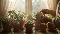 Person watering small potted plants on sunny windowsill with natural light streaming through curtains creating peaceful indoor gardening scene.