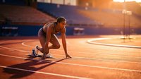 Athletic African American woman in starting position on running track during golden hour sunset preparing for sprint race at stadium.