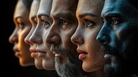Diverse faces in profile lineup showing different ethnicities, ages and genders illuminated with dramatic colored lighting against dark background, representing unity and diversity.
