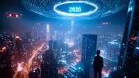 Futuristic cityscape with businessman silhouette observing night metropolis under glowing portal with year 2026, flying drones and neon lights in cyberpunk style.