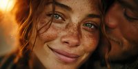 Close-up portrait of young woman with freckles and red hair smiling at sunset, with silhouette of partner in background.
