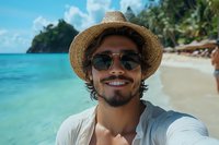Young Hispanic man with beard wearing straw hat and sunglasses takes selfie on tropical beach with turquoise water and palm trees in background. Vacation lifestyle.