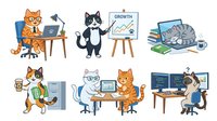Cartoon cats working in office environments with laptops, charts, and business supplies, representing productivity, teamwork, and professional development for corporate and educational design projects.