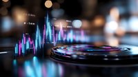 Digital financial data visualization with glowing bar charts and spinning globe showing market trends and global commerce analytics.