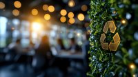 Golden recycling symbol surrounded by green ivy leaves against blurred festive bokeh lights background, creating eco-friendly atmosphere at evening event.