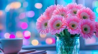 Pink gerbera daisies in mason jar with soft bokeh lights background and coffee cup, creating dreamy romantic morning atmosphere for lifestyle blogs.