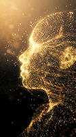 Golden particle human head profile with glowing dots and light rays representing artificial intelligence, machine learning, and digital consciousness concepts.