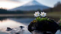 White anemone flowers blooming on dark rock by tranquil mountain lake at sunset, serene nature landscape with water reflection and soft pastel sky.