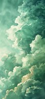 Dramatic mint green cloudscape with ethereal light streaming through billowing cumulus formations, creating a dreamy atmospheric backdrop for design projects.