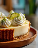 Creamy key lime cheesecake with graham cracker crust topped with whipped cream and fresh lime slices on wooden serving plate.