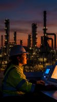 Industrial engineer monitoring oil refinery operations on computer during dramatic sunset with illuminated petrochemical plant towers and processing units.