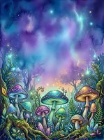 Enchanted forest floor with glowing mushrooms, magical plants, and swirling aurora borealis sky filled with stars and ethereal light effects. Fantasy woodland scene for creative projects.