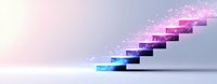 Glowing neon stairway with sparkles rising upward against gradient background, symbolizing growth, progress and success in business concept.