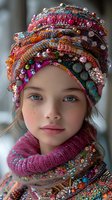 Young woman wearing ornate embroidered turban and scarf with colorful beading, sequins and ethnic patterns. Striking blue eyes and natural makeup against soft bokeh background.