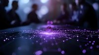 Abstract purple digital wave with glowing particles and bokeh lights creating futuristic data visualization for technology presentations and backgrounds.