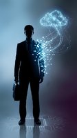 Businessman silhouette with digital cloud computing pixels and data stream effects on futuristic gradient background for technology presentations.