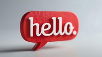 Red speech bubble with white "hello" text on gray background, representing communication, greeting, or welcome message for social media and marketing designs.