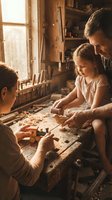 Craftsman teaching children woodworking skills at rustic workshop table with natural light from window, passing down traditional carpentry knowledge to next generation.