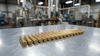 Row of brass ammunition cartridges lined up on metal surface in industrial manufacturing facility background for military defense production.