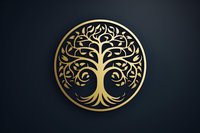 Golden tree of life symbol in circular frame on dark background, ornate celtic pattern with curling branches and roots forming sacred geometry design.