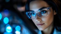 Young woman in transparent glasses with blue neon lights and bokeh effects in dark background creating modern urban nightlife atmosphere for lifestyle and fashion concepts.