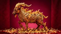Golden ornate dragon with intricate patterns and flowing flames on red background for Chinese New Year celebrations and festive decorations.