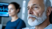 Senior Caucasian male doctor with gray beard in medical office, focused expression while Asian female colleague reviews patient data on monitor in background.