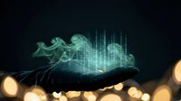 Digital holographic projection of running horse emerging from human palm with glowing data streams and bokeh lights on dark background for technology concepts.