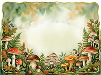 Watercolor autumn forest frame with mushrooms, ferns and berries on textured background for seasonal greeting cards, invitations and nature designs.