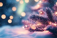 Magical winter scene with snowy pine branch and glowing bokeh lights against blurred background creating dreamy festive atmosphere for holiday designs.