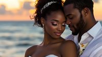 African American bride and groom sharing intimate moment on beach at sunset, wedding photography with golden hour lighting and ocean backdrop for romantic occasions.