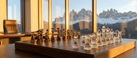Elegant glass chess set on wooden board near window with mountain view during golden hour sunset creating warm atmospheric lighting for strategic gameplay.