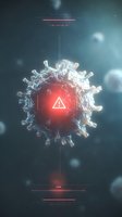 Microscopic virus cell with glowing red warning triangle against dark background, concept for health crisis and medical alert.