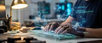 Professional male developer coding on futuristic holographic interface with glowing blue digital elements and data visualization in modern workspace.